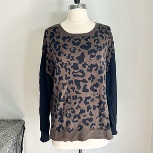 Apt 9 Brown Cheetah Print Crew Neck Cotton Sweater Black Sleeves, Large